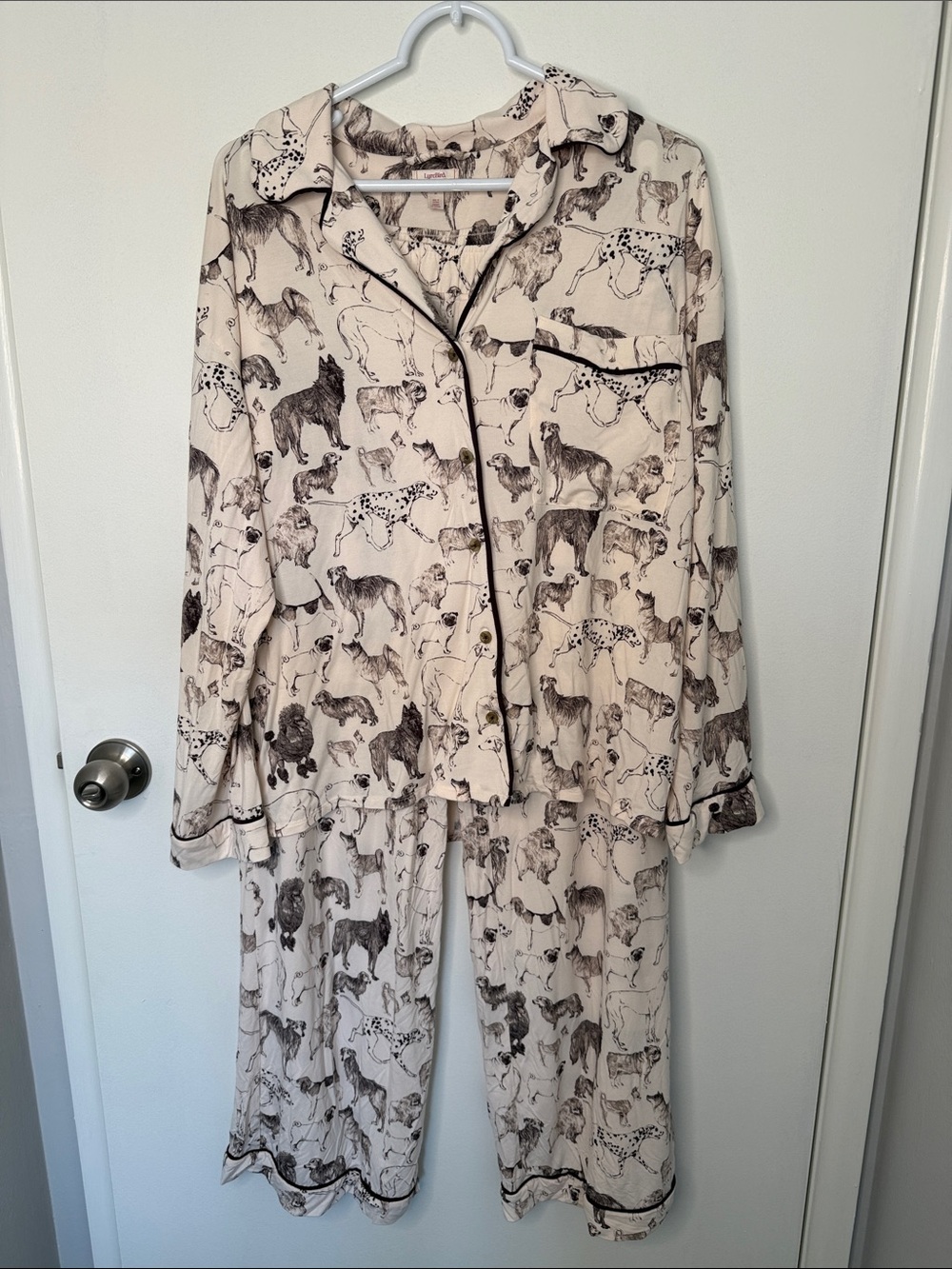 Anthropologie LyreBird Cream Dog-Print Pajama Set with Brown Piping